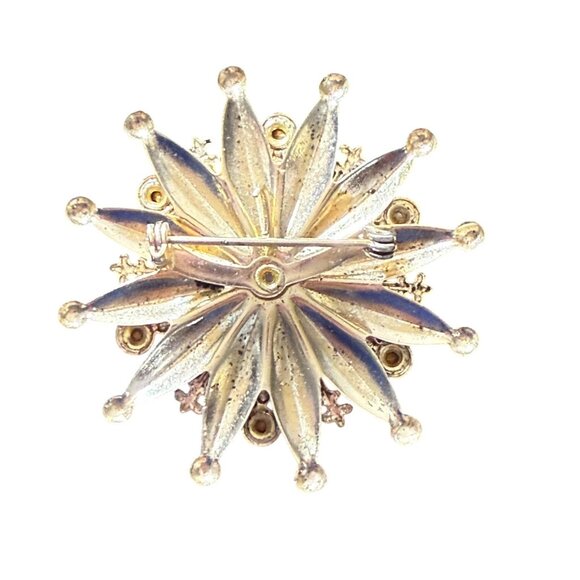Vintage Gold-Tone Snowflake Brooch With Blue & Clear Rhinestones - Picture 2 of 3